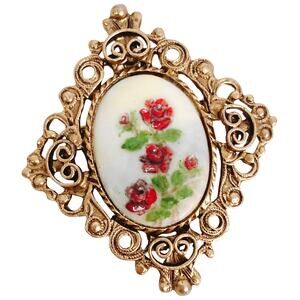 Vintage Porcelain Hand Painted Rose Brooch Pendant Gold Tone Filigree 1960s
